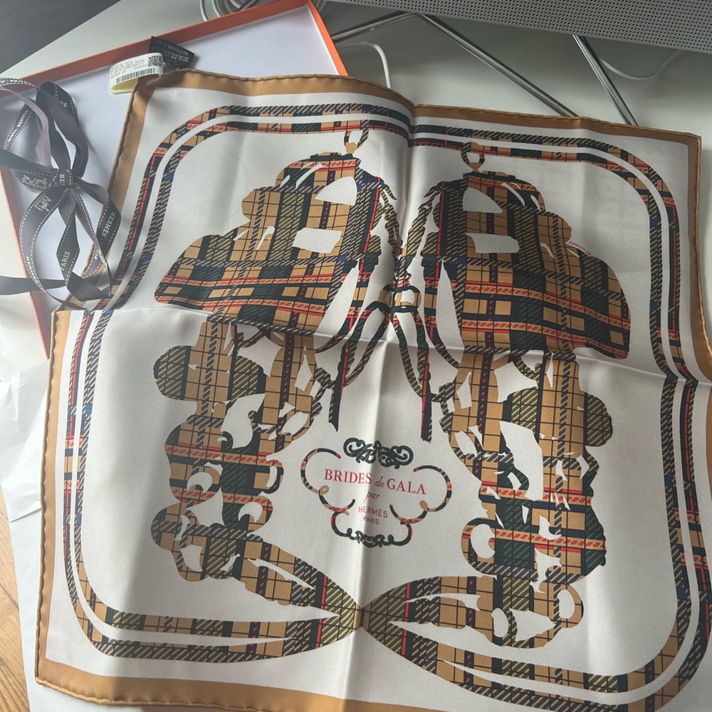 Hermes Brides de Gala Silk Scarf in Cream, Tan, Black and Red Accents